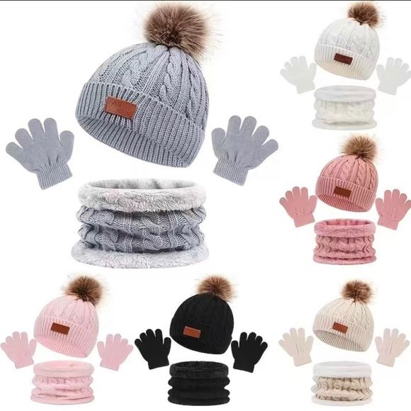- Cream Kids Winter Hats Gloves Scarf Set - Picture 2 of 2